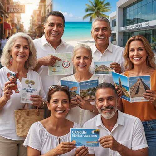 Americans holding dental tourism travel brochures.