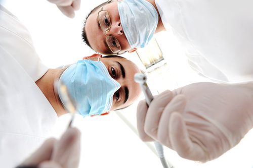 Two dentists wearing masks and gloves are holding a tooth brush.