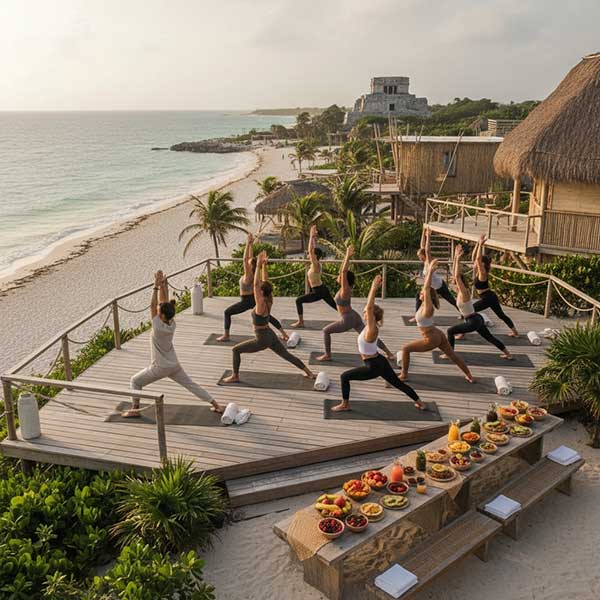 Visitors practicing yoga at a fitness center in Mexico.