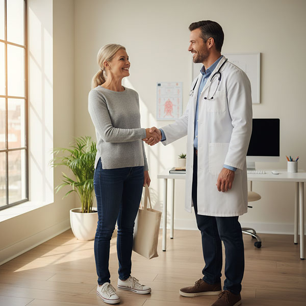 A doctor greeting a patient for a dental referral appointment.